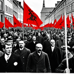**Prompt:** A black and white photograph in the style of the early 20th century, depicting a large demonstration of Danish workers in Copenhagen. They are carrying red flags with the slogan "Arbejdernes Sag er Retfærdig" (The Workers' Cause is Just) written on them. The scene is filled with passionate faces, showing the energy and determination of the early Social Democratic movement.