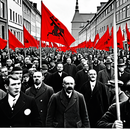 Home 11 **Prompt:** A black and white photograph in the style of the early 20th century, depicting a large demonstration of Danish workers in Copenhagen. They are carrying red flags with the slogan "Arbejdernes Sag er Retfærdig" (The Workers' Cause is Just) written on them. The scene is filled with passionate faces, showing the energy and determination of the early Social Democratic movement.