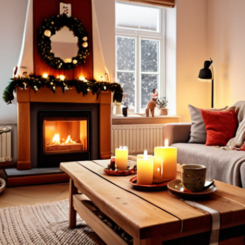Home 6 **Hygge Christmas Scene:** "A cozy Danish living room at Christmas time. Soft candlelight, warm blankets draped over furniture, a steaming mug on a wooden table, and a family gathered together, laughing and sharing stories. Emphasize the feeling of "hygge" with warm colors and a sense of intimate comfort. A Christmas tree subtly visible in the background, decorated with traditional Danish ornaments."