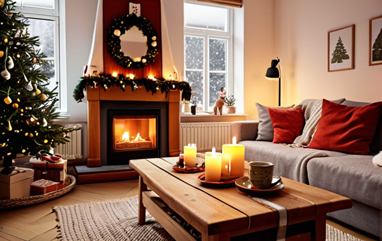 **Hygge Christmas Scene:** "A cozy Danish living room at Christmas time. Soft candlelight, warm blankets draped over furniture, a steaming mug on a wooden table, and a family gathered together, laughing and sharing stories. Emphasize the feeling of "hygge" with warm colors and a sense of intimate comfort. A Christmas tree subtly visible in the background, decorated with traditional Danish ornaments."