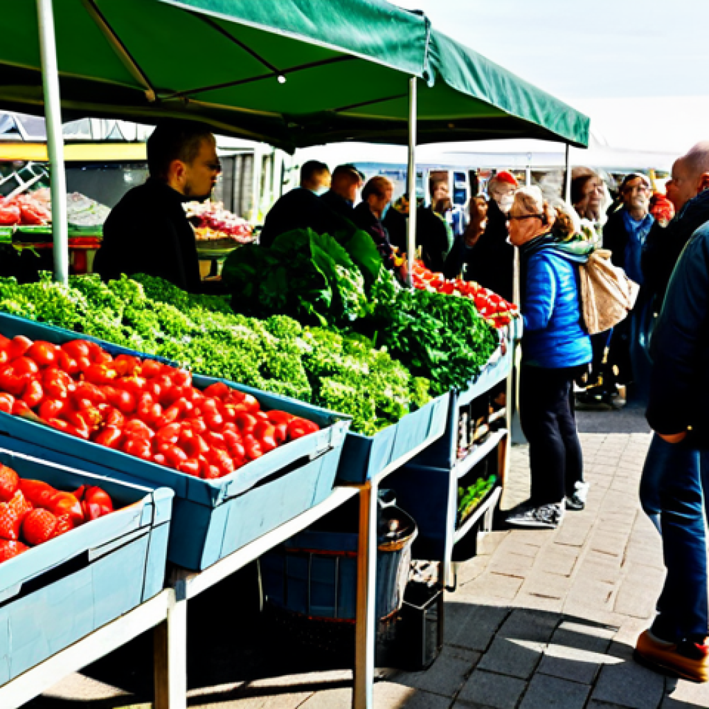 **

A bustling farmer's market in Denmark on a sunny Saturday morning. Focus on a diverse selection of colorful, organic produce: vibrant red strawberries, ripe tomatoes, and leafy green kale. Customers are interacting with farmers at the stalls, examining the fresh goods. In the background, the Danish flag is visible. "Ø" labels are prominent on the produce. Fully clothed individuals in appropriate attire, safe for work, perfect anatomy, natural proportions, professional photography, high quality, family-friendly.

**
