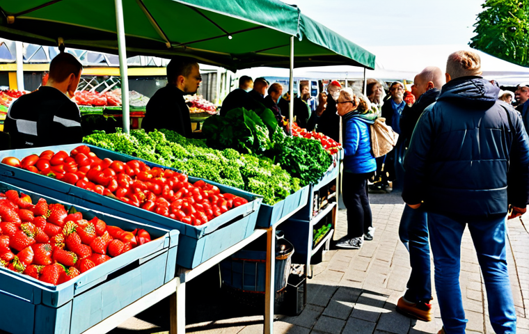 **

A bustling farmer's market in Denmark on a sunny Saturday morning. Focus on a diverse selection of colorful, organic produce: vibrant red strawberries, ripe tomatoes, and leafy green kale. Customers are interacting with farmers at the stalls, examining the fresh goods. In the background, the Danish flag is visible. "Ø" labels are prominent on the produce. Fully clothed individuals in appropriate attire, safe for work, perfect anatomy, natural proportions, professional photography, high quality, family-friendly.

**