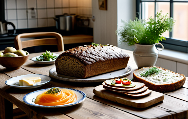 **

"A rustic table laden with freshly baked Rugbrød, a dark and hearty Danish rye bread, alongside a selection of toppings like sliced cheese, smoked fish, and fresh herbs. The scene is set in a cozy, sunlit kitchen with traditional Danish decor. Safe for work, appropriate content, fully clothed, professional food photography, natural lighting, high resolution, perfect anatomy, natural proportions, family-friendly."

**