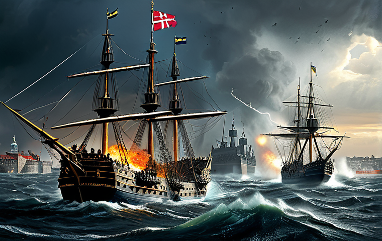 덴마크와 스웨덴 전쟁 - **Image Prompt: "Clash of Crowns on the Mare Balticum"**
    A highly detailed, dramatic oil paintin...