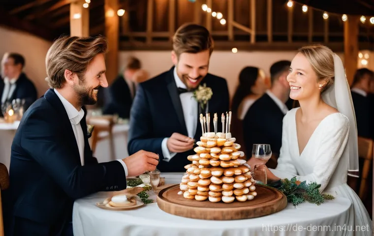 덴마크 전통 결혼식 문화 - **Hygge Wedding Feast with Kransekage:**
    "A cozy and heartwarming Danish wedding reception scene...