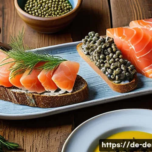 덴마크 전통 음식 - A beautifully arranged Danish smørrebrød platter on a rustic wooden table, featuring open-faced rye ...