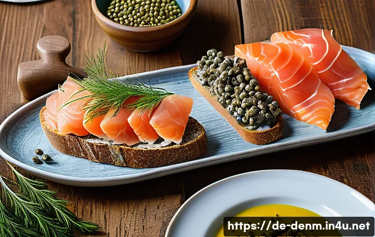 덴마크 전통 음식 - A beautifully arranged Danish smørrebrød platter on a rustic wooden table, featuring open-faced rye ...