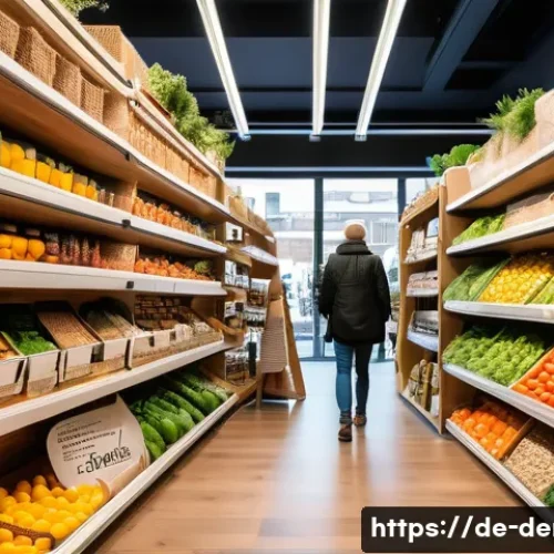 덴마크의 쓰레기 관리 및 재활용 시스템 - A vibrant urban scene in Denmark showcasing a modern zero-waste grocery store where diverse customer...