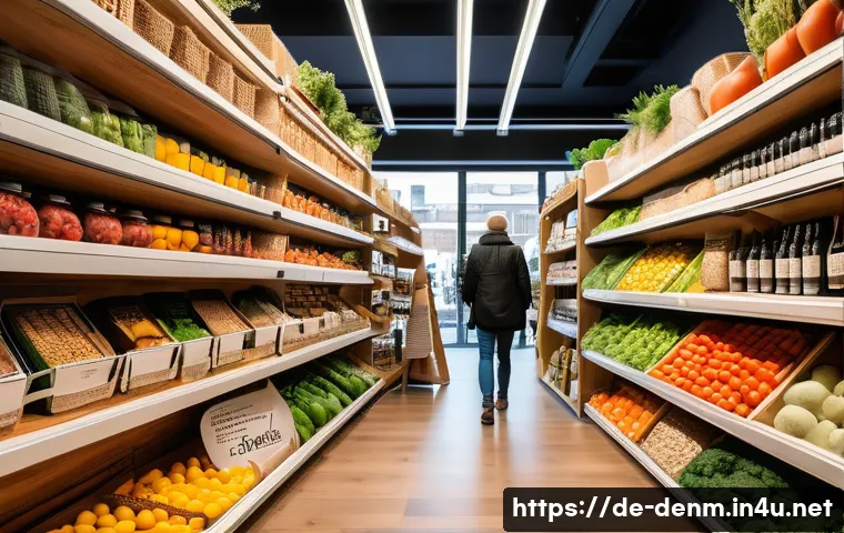 덴마크의 쓰레기 관리 및 재활용 시스템 - A vibrant urban scene in Denmark showcasing a modern zero-waste grocery store where diverse customer...