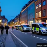 덴마크에서 발생한 주요 사건사고 - A vibrant urban scene in Copenhagen showing increased police presence at a busy city intersection du...