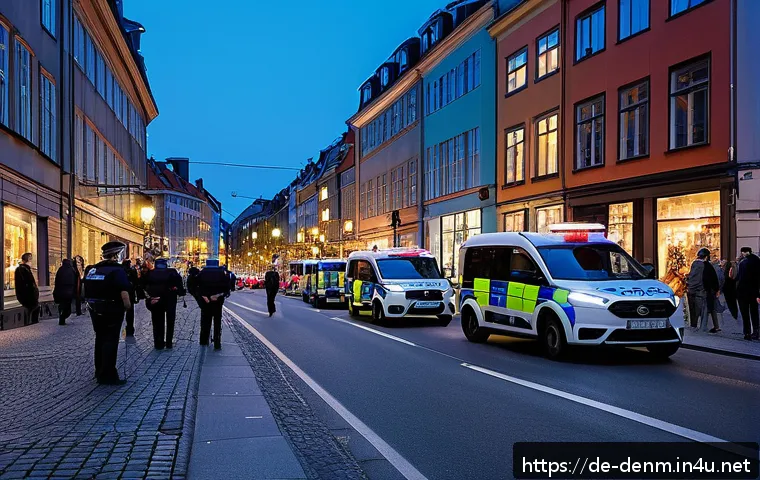 덴마크에서 발생한 주요 사건사고 - A vibrant urban scene in Copenhagen showing increased police presence at a busy city intersection du...