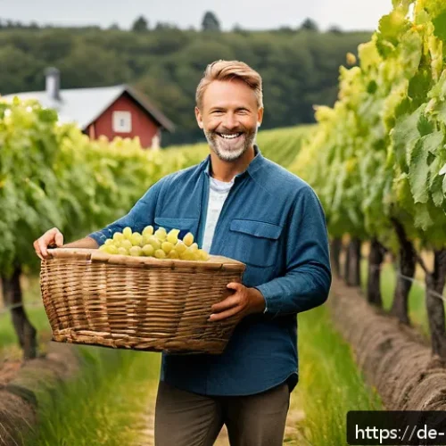 덴마크에서 유명한 와인 및 주류 - A picturesque Danish family-owned vineyard in Jutland during late summer, showcasing rows of Solaris...