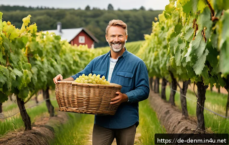 덴마크에서 유명한 와인 및 주류 - A picturesque Danish family-owned vineyard in Jutland during late summer, showcasing rows of Solaris...