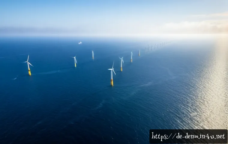 Home 17 덴마크의 해상 풍력 발전소 - Photorealistic aerial view of a Danish offshore wind farm in the North Sea, long orderly rows of whi...