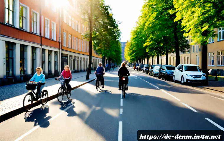 덴마크 자전거 문화와 도로 시스템 - Photorealistic Copenhagen morning street scene showing a wide, clearly separated bicycle lane beside...